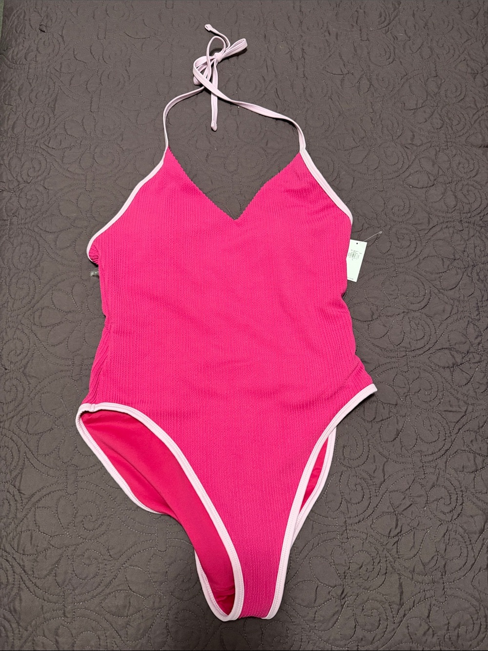 Ribbed V Neck Halter One Piece Swimsuit - Picture 3 of 3